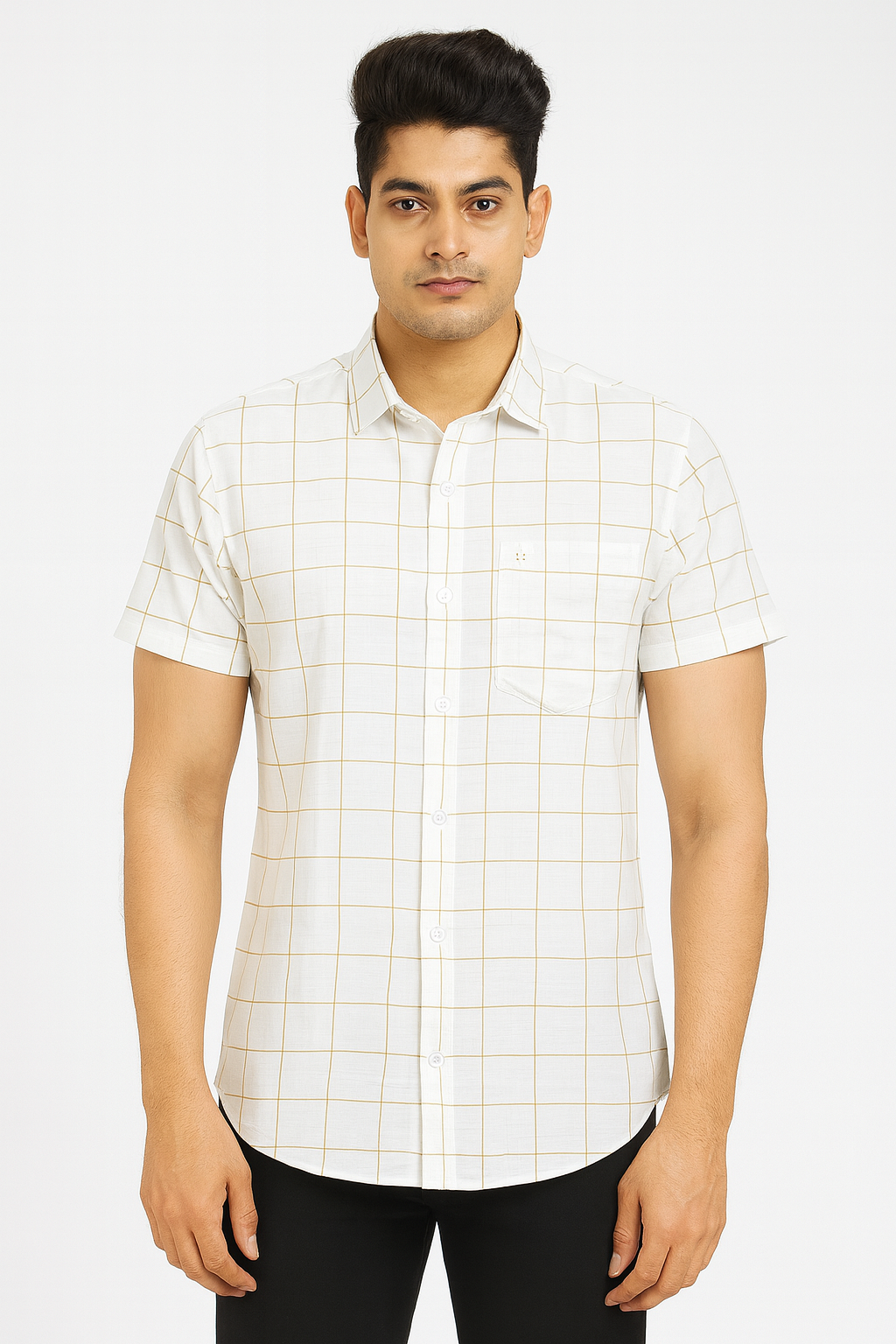 Men’s White and Beige Checkered Short Sleeve Shirt