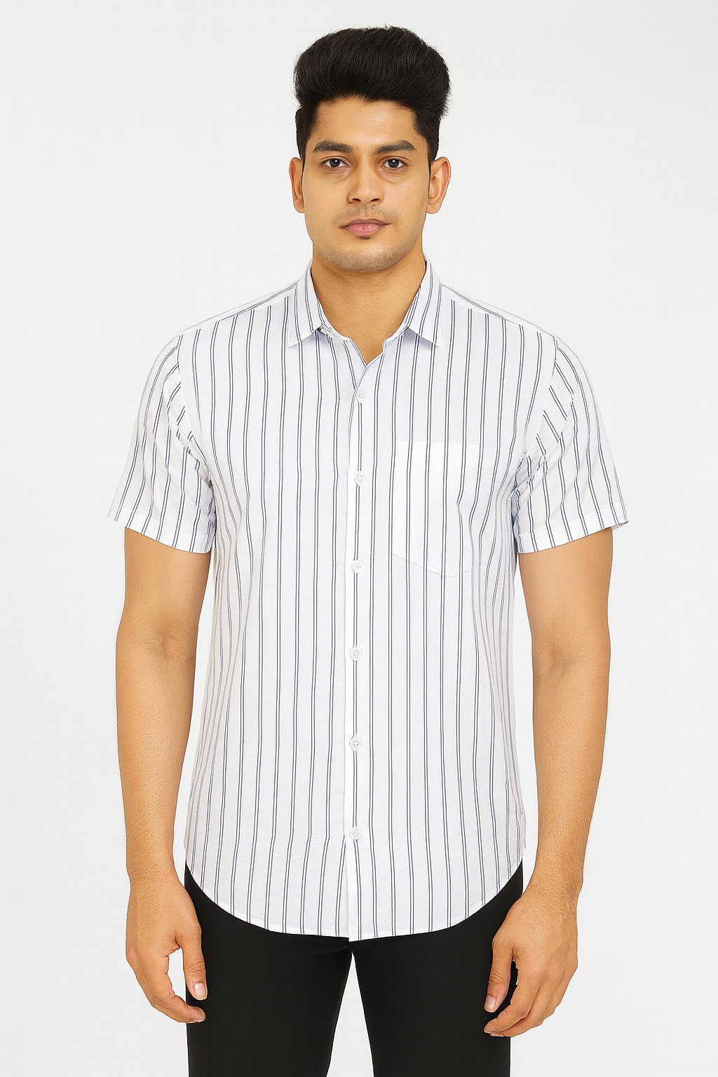 Men’s White Short Sleeve Shirt with Navy Vertical Stripes