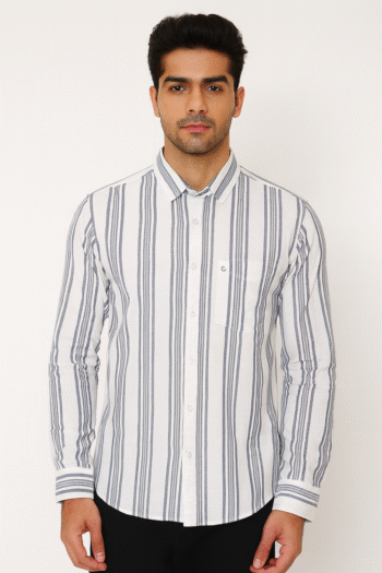 Men’s White & Blue Striped Long Sleeve Casual Shirt