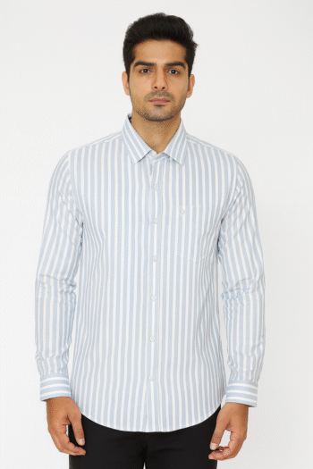 Men’s Sky Blue & White Striped Long Sleeve Casual Shirt