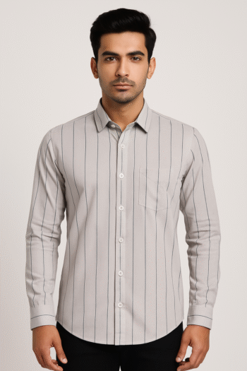 Men’s Light Grey & Black Striped Long Sleeve Casual Shirt