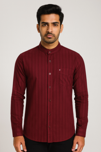 Men’s Solid Maroon Mandarin Collar Long Sleeve Shirt