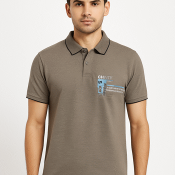 Men’s Olive Green Polo T-Shirt with Contrast Collar & Chest Print