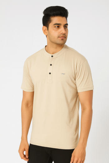 Men’s Beige Henley Neck T-Shirt with Button Placket