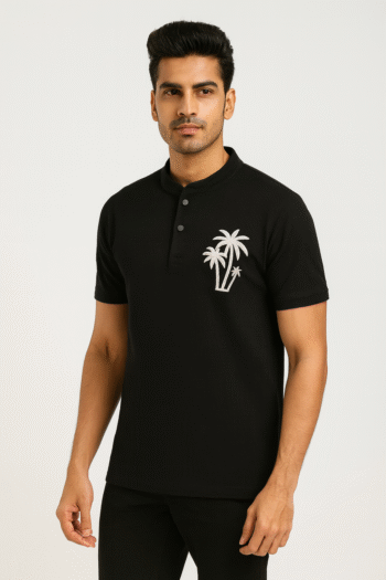 Men’s Black Mandarin Collar T-Shirt with Palm Tree Embroidery