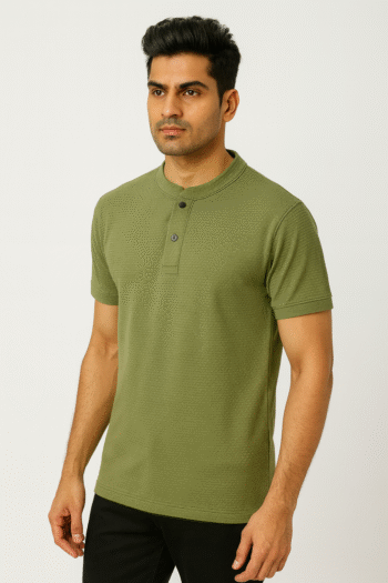 Men’s Olive Green Textured Henley T-Shirt