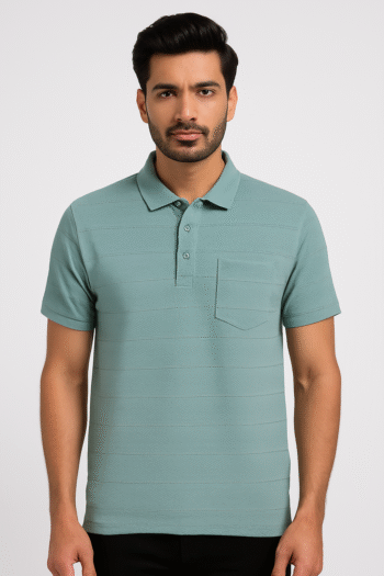 Men’s Sea Green Textured Polo T-Shirt with Chest Pocket
