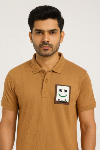 Men’s Camel Brown Ribbed Polo T-Shirt with Smile Patch