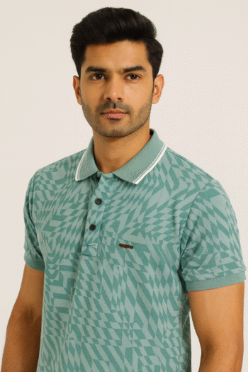 Men’s Mint Green Geometric Print Polo T-Shirt