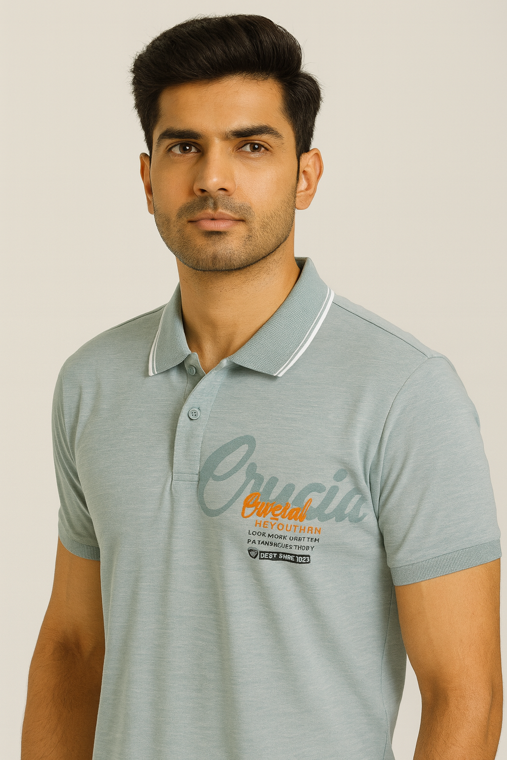 Men’s Light Sage Green Polo T-Shirt with Chest Print