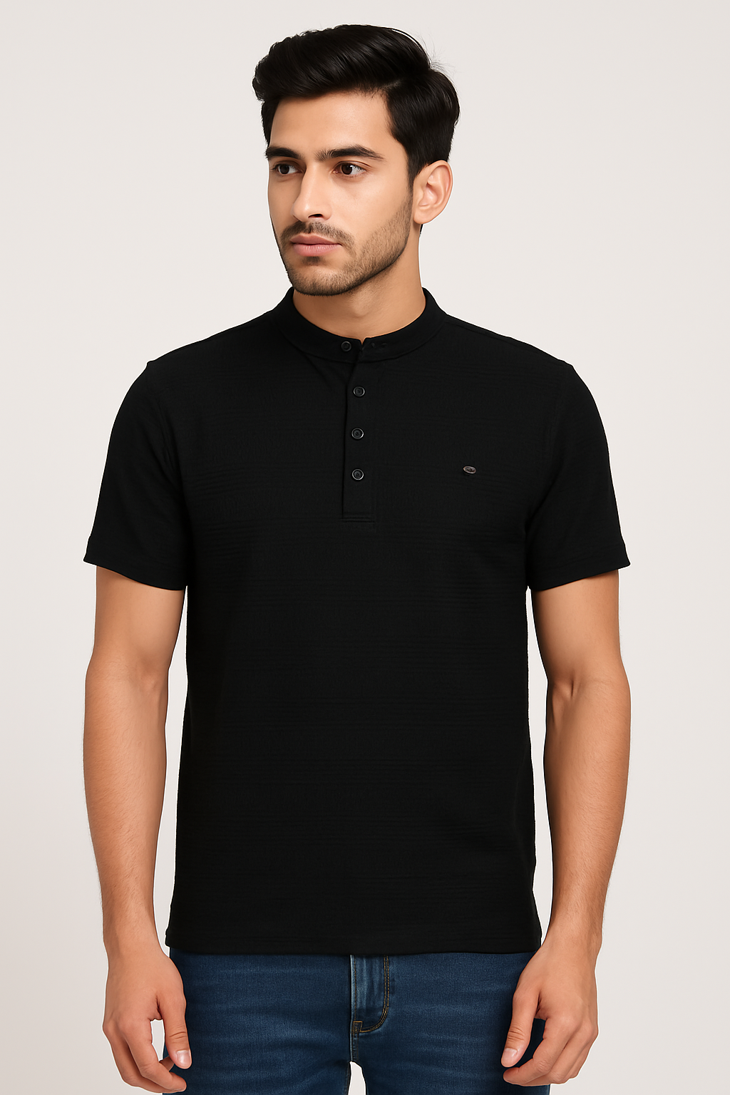 Men’s Black Textured Henley T-Shirt