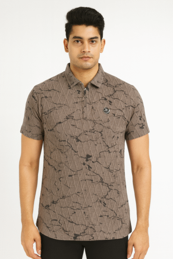 Men’s Brown Geometric Pattern Polo T-Shirt with Marble Print
