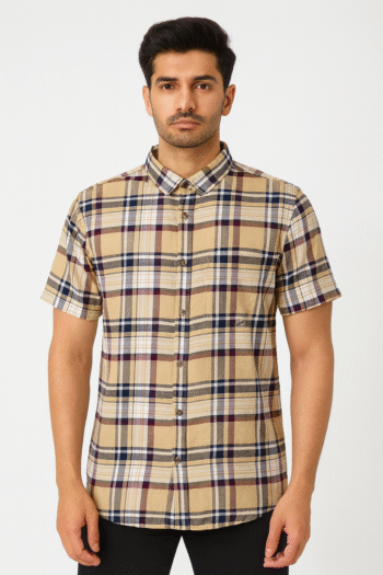 Men's Beige & Maroon Checkered Casual Short Sleeve Shirt