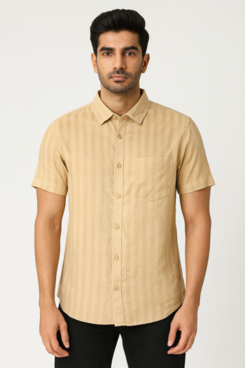 Men's Beige Textured Cotton Short Sleeve Shirt