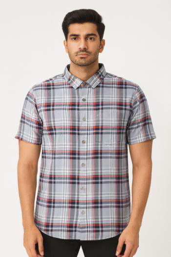 Men's Grey & Red Checkered Casual Cotton Short Sleeve Shirt