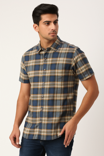 Men's Blue & Beige Checkered Casual Cotton Short Sleeve Shirt