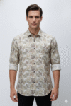 Men’s Beige Leaf Print Full-Sleeve Casual Shirt