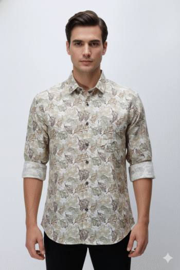 Men’s Beige Leaf Print Full-Sleeve Casual Shirt