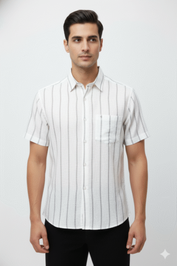 Men’s White & Grey Vertical Stripe Casual Shirt