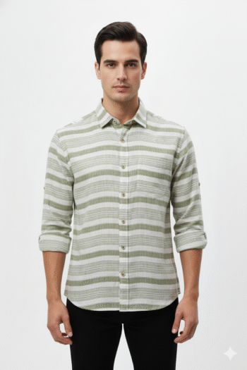 Men’s Olive Green & White Horizontal Stripe Casual Shirt