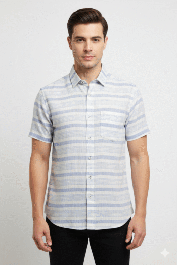 Men’s Blue & White Horizontal Stripe Casual Shirt