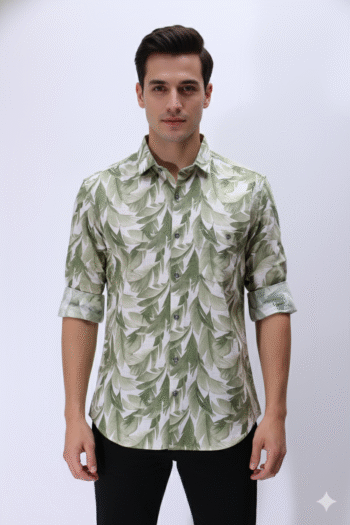 Men’s Green Leaf Print Full-Sleeve Casual Shirt