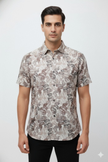 Men’s Beige & Brown Abstract Brushstroke Casual Shirt