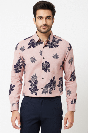 Men’s Pink Floral Printed Casual Shirt – Cotton Blend, Full Sleeves