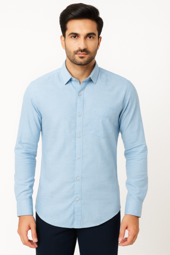 Men’s Solid Light Blue Casual Shirt – Cotton Blend, Full Sleeves with Pocket