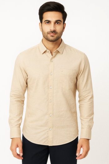 Men’s Solid Beige Casual Shirt – Cotton Blend, Full Sleeves with Pocket