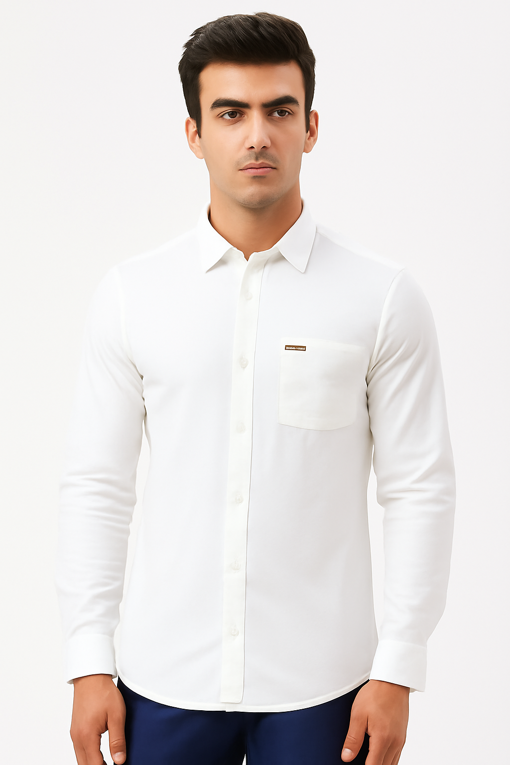 Men’s Classic White Slim-Fit Casual Shirt with Chest Pocket