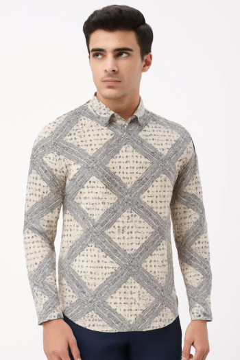 Men’s Beige & Grey Geometric Printed Casual Slim-Fit Shirt