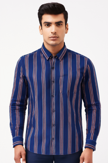 Men’s Navy Blue Slim-Fit Multi-Stripe Casual Shirt