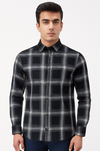 Men’s Black Brush-Check Slim-Fit Casual Shirt