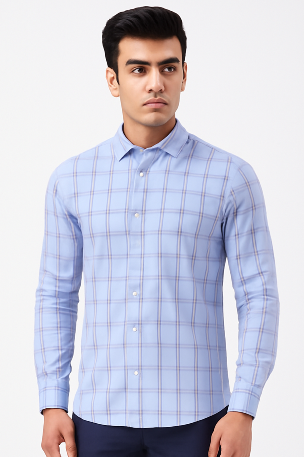 Men’s Sky Blue Slim-Fit Soft Checkered Casual Shirt