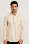 Men’s Beige & White Vertical Striped Casual Shirt – Premium Cotton | Full Sleeves