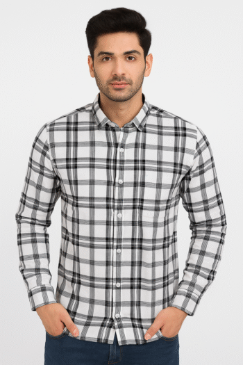 Men’s Classic Black & White Checkered Cotton Shirt – Full Sleeves | Slim Fit Casual Wear