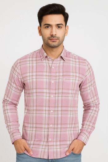 Men’s Pink Checkered Slim Fit Casual Shirt – Soft Cotton | Full Sleeves