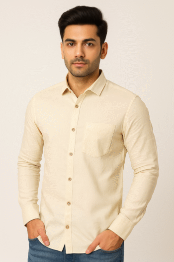 Men’s Solid Cream Slim Fit Cotton Shirt – Full Sleeves | Classic Casual Wear