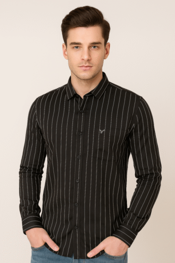 Men’s Black Vertical Stripe Slim Fit Shirt – Premium Cotton | Full Sleeves