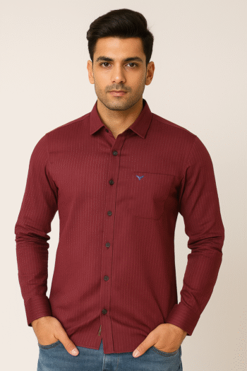 Men’s Maroon Slim Fit Pinstripe Shirt – Premium Cotton | Full Sleeves