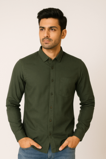 Men’s Solid Olive Green Slim Fit Cotton Shirt – Full Sleeves | Casual & Smart Wear