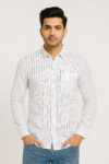 Men’s White Slim Fit Vertical Striped Shirt – Soft Cotton | Full Sleeves
