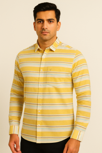 Men’s Yellow & White Horizontal Striped Cotton Casual Shirt