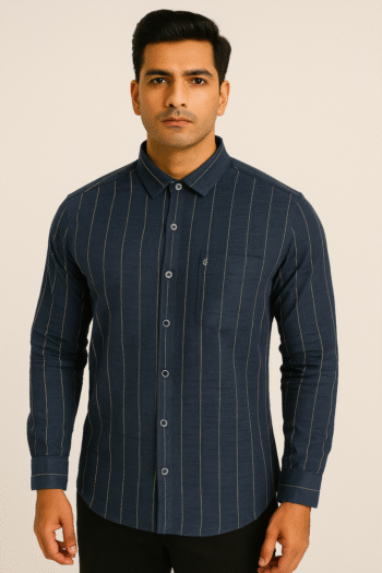 Men’s Navy Blue Vertical Striped Cotton Casual Shirt