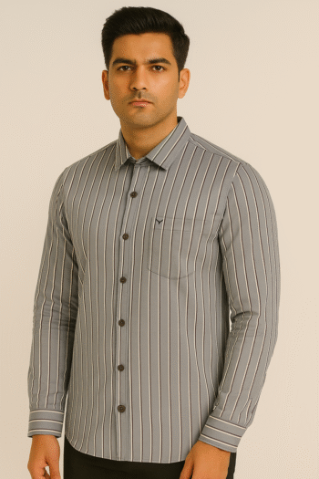 Men’s Grey Vertical Striped Cotton Casual Shirt