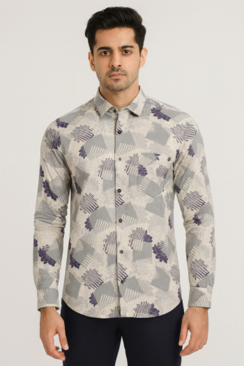 Men’s Grey Abstract Geometric Printed Cotton Shirt