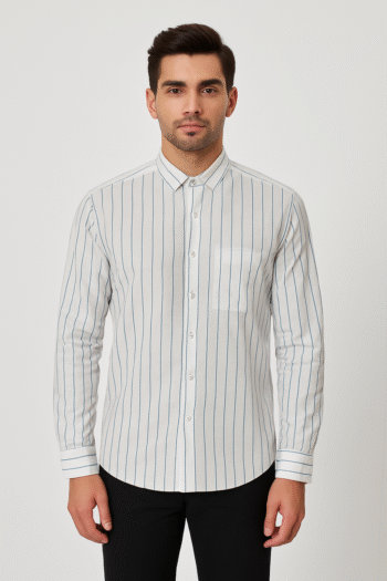 Men’s White & Blue Vertical Stripe Cotton Formal Shirt