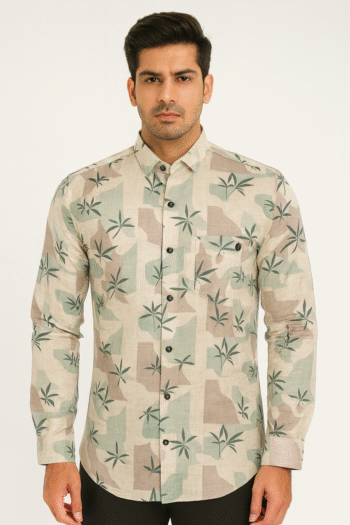 Men’s Green & Beige Leaf Print Casual Shirt