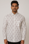 Men’s White Printed Cotton Shirt with Subtle Geometric Pattern